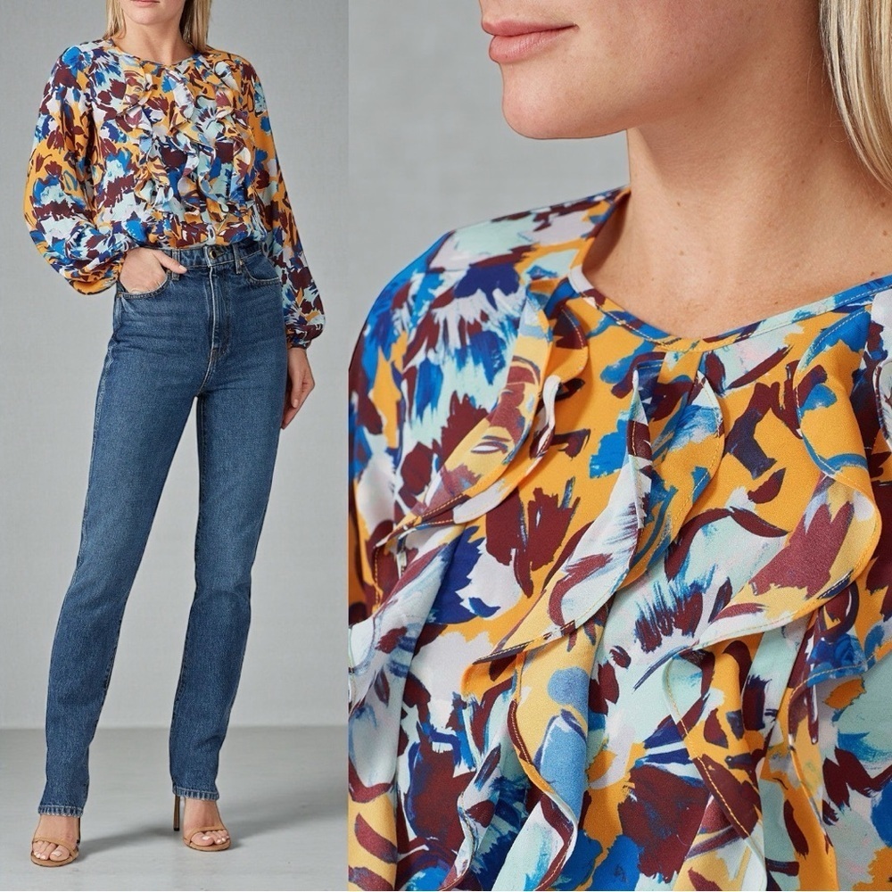Prabal Gurung x RTR Women's Ochre Floral Ruffle Front Blouse Size 10